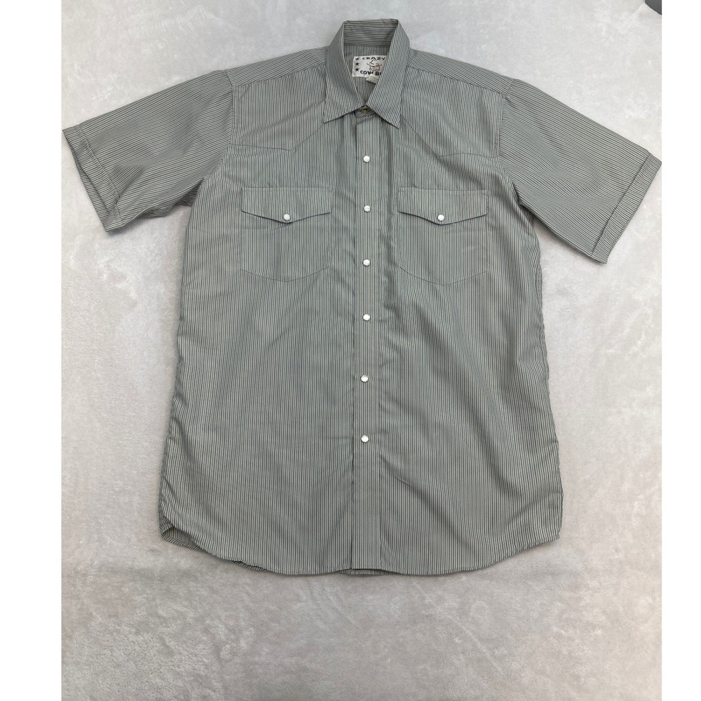Crazy Cowboy Western Shirt Mens L Gray Striped Short Sleeve Pearl Snap Button